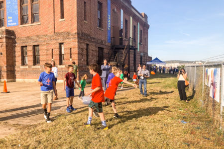 Keystone Kidspace Groundbreaking, Kids throwing paint filled water balloons